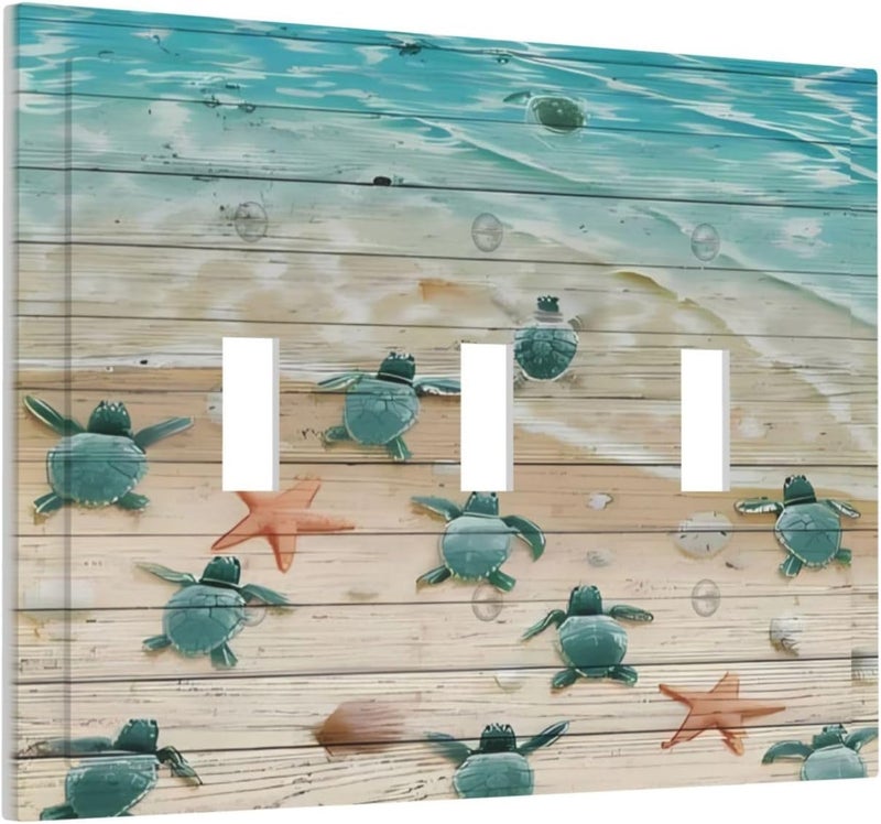 ranedula Turtle Beach Village Wood 3 Gang Light Switch Plate Decorative Triple Toggle Wall Plate Cover Electrical Faceplate for Bathroom Home Living Room Bedroom Art Panel Decor 6.7" X 4.8" - Image 2